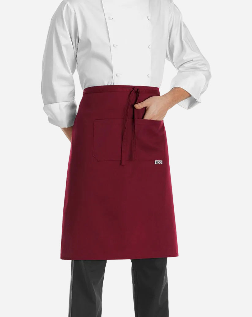 Grembiule a vita bordeaux  unisex con due ampie tasche centrali, lunghezza al ginocchio e lacci regolabili