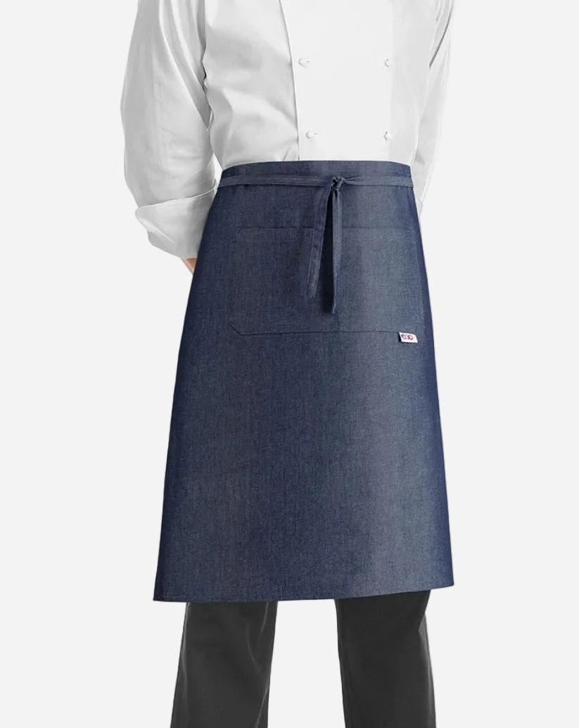 Grembiule a vita jeans unisex con due ampie tasche centrali, lunghezza al ginocchio e lacci regolabili