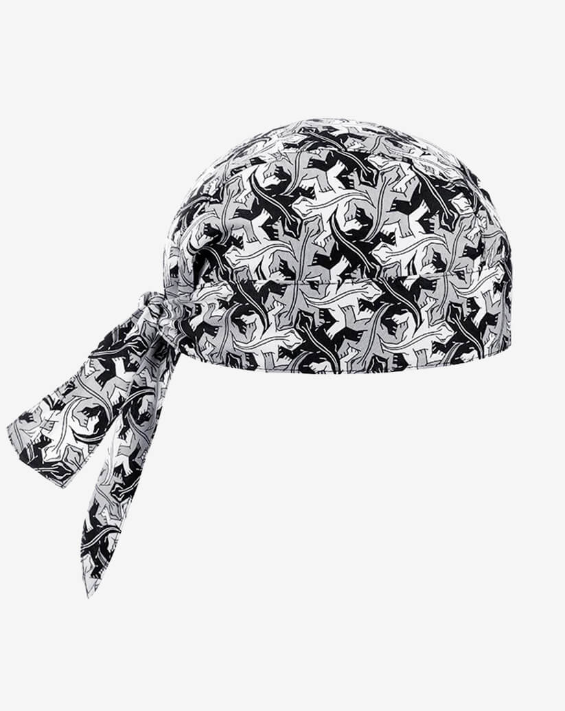 Bandana da cucina in cotone bianca con stampa grafica astratta di gechi neri e grigi e lacci posteriori regolabili.