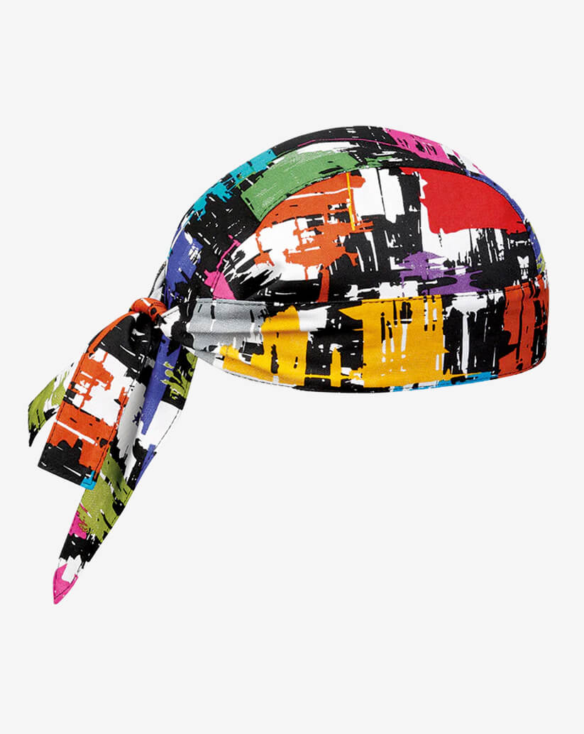 Bandana da cucina in cotone con vivace stampa astratta multicolore a effetto pennellata e lacci posteriori regolabili.