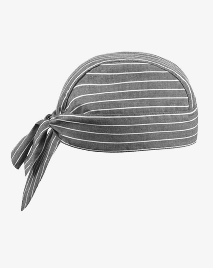 Bandana da cucina in cotone grigio antracite a sottili righe orizzontali bianche e lacci posteriori regolabili.