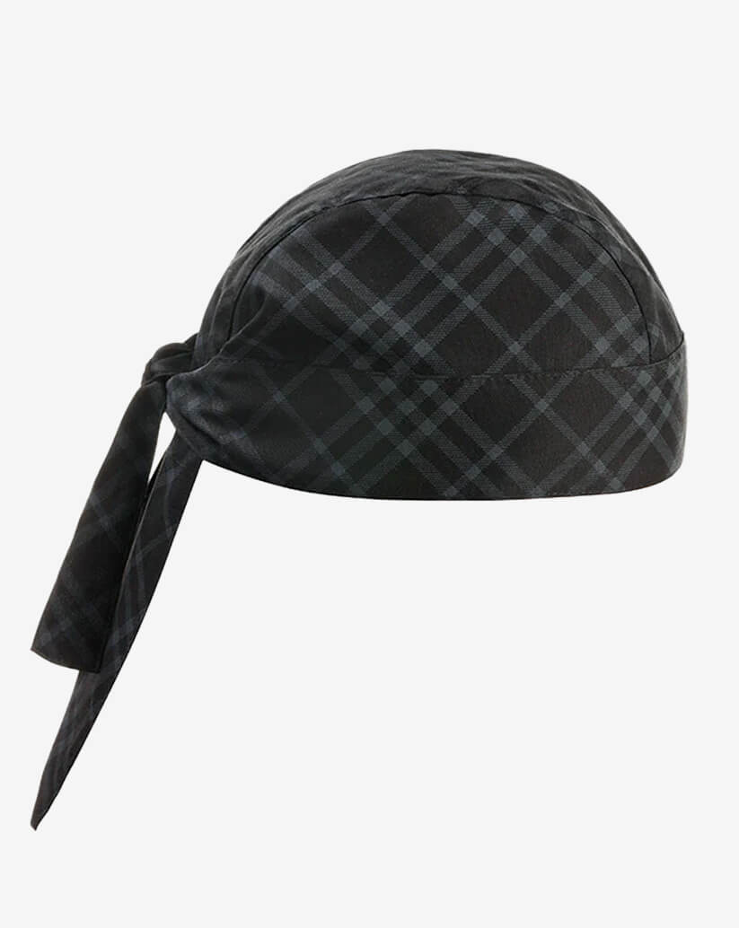 Bandana da cucina in cotone nera con classica fantasia a quadri scozzesi grigi e lacci posteriori regolabili.