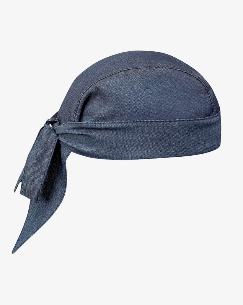 Bandana da cucina in cotone effetto denim blu scuro e lacci posteriori regolabili.