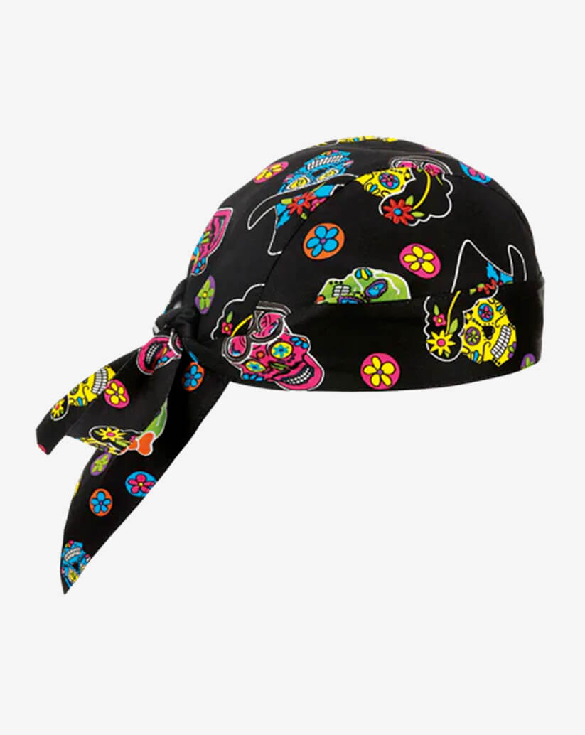 Bandana da cucina in cotone nera con stampa all-over di teschi colorati e lacci posteriori regolabili.