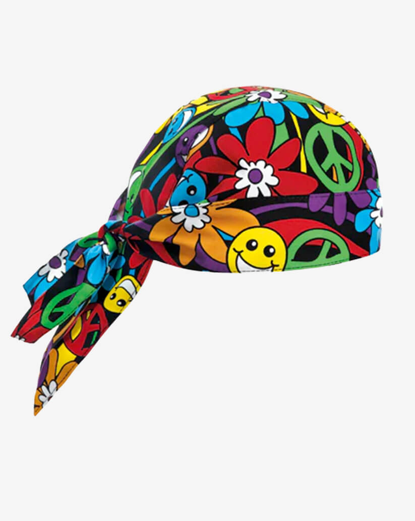 Bandana da cucina in cotone con stampa multicolor "Peace & Love" e lacci posteriori regolabili.