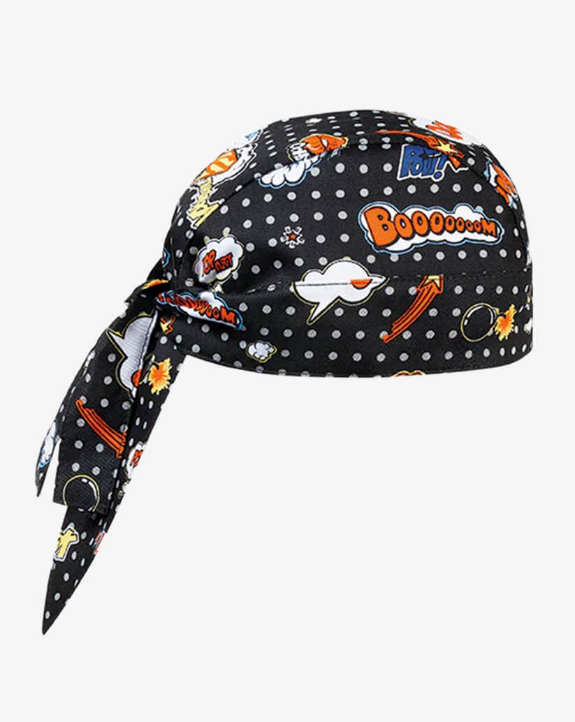 Bandana da cucina in cotone nera con icone pop art stile fumetto e pois grigi e lacci posteriori regolabili.