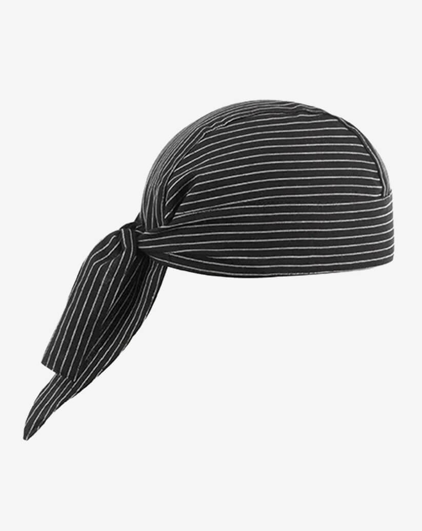 Bandana da cucina in cotone nera a sottili righe orizzontali bianche e lacci posteriori regolabili.