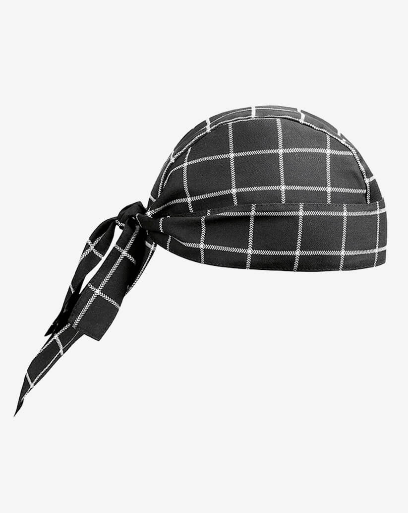 Bandana da cucina in cotone nera con stampa a grandi quadri bianchi e lacci posteriori regolabili.