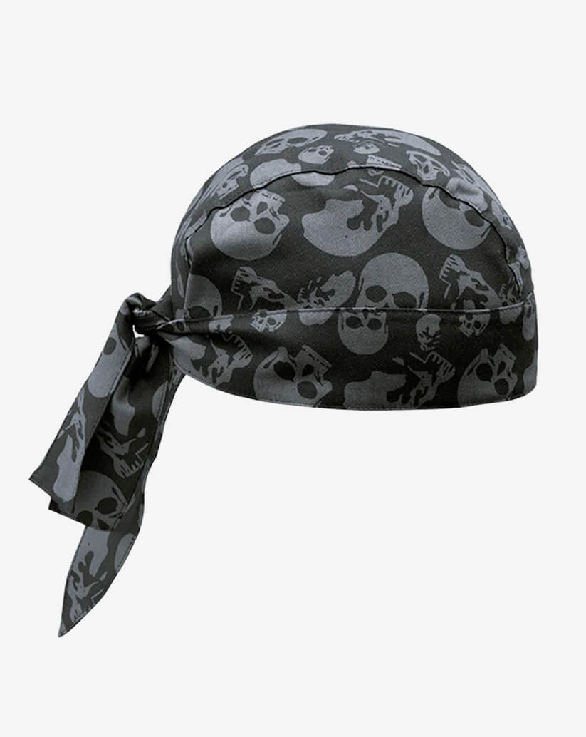 Bandana da cucina in cotone nera con stampa all-over di teschi grigi e lacci posteriori regolabili.