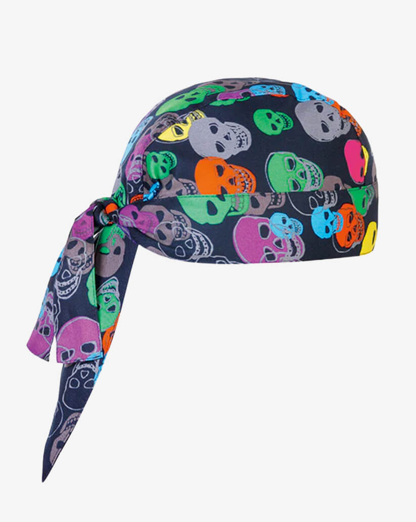 Bandana da cucina in cotone nera con stampa di teschi multicolore e lacci posteriori regolabili.