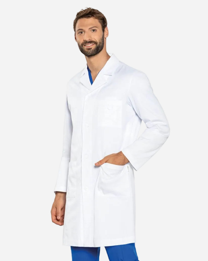 Camice uomo bianco in cotone con bottoni, maniche lunghe, taschino portapenne, asola multifunzione e spacco posteriore.