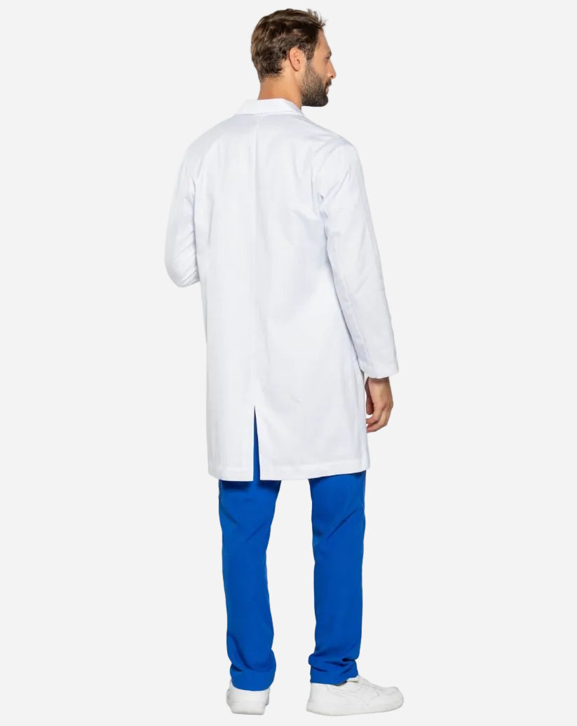 Camice uomo bianco in cotone con bottoni, maniche lunghe, taschino portapenne, asola multifunzione e spacco posteriore.