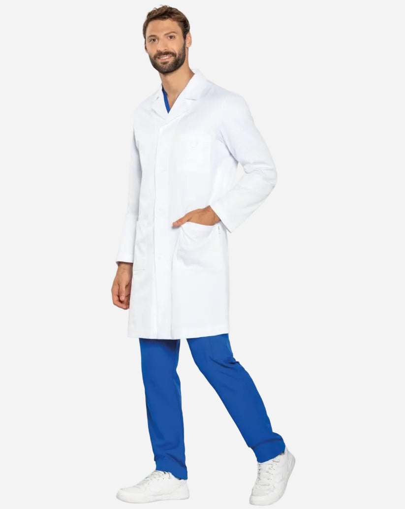 Camice uomo bianco in cotone con bottoni, maniche lunghe, taschino portapenne, asola multifunzione e spacco posteriore.