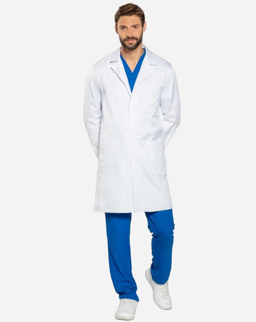 Camice uomo bianco in cotone con bottoni, maniche lunghe, taschino portapenne, asola multifunzione e spacco posteriore.