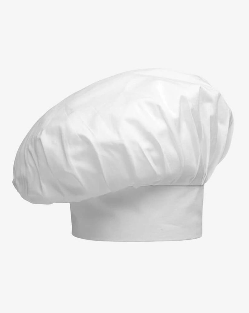 Cappello da cuoco bianco in cotone, fascia piatta regolabile con velcro e parte superiore a sbuffo.
