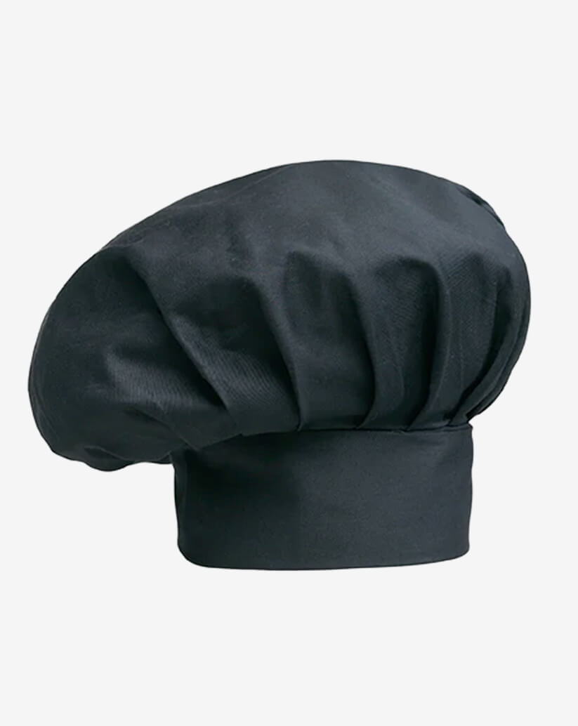 Cappello da cuoco nero in misto cotone , fascia piatta regolabile con velcro e parte superiore a sbuffo.