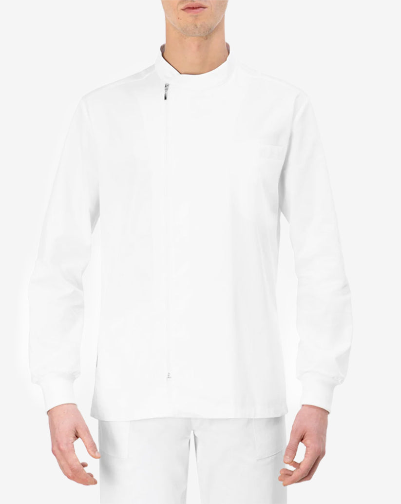 Casacca uomo bianca in satin elasticizzato con collo alla coreana, chiusura con zip, maniche lunghe con polsini in costina e linea slim fit