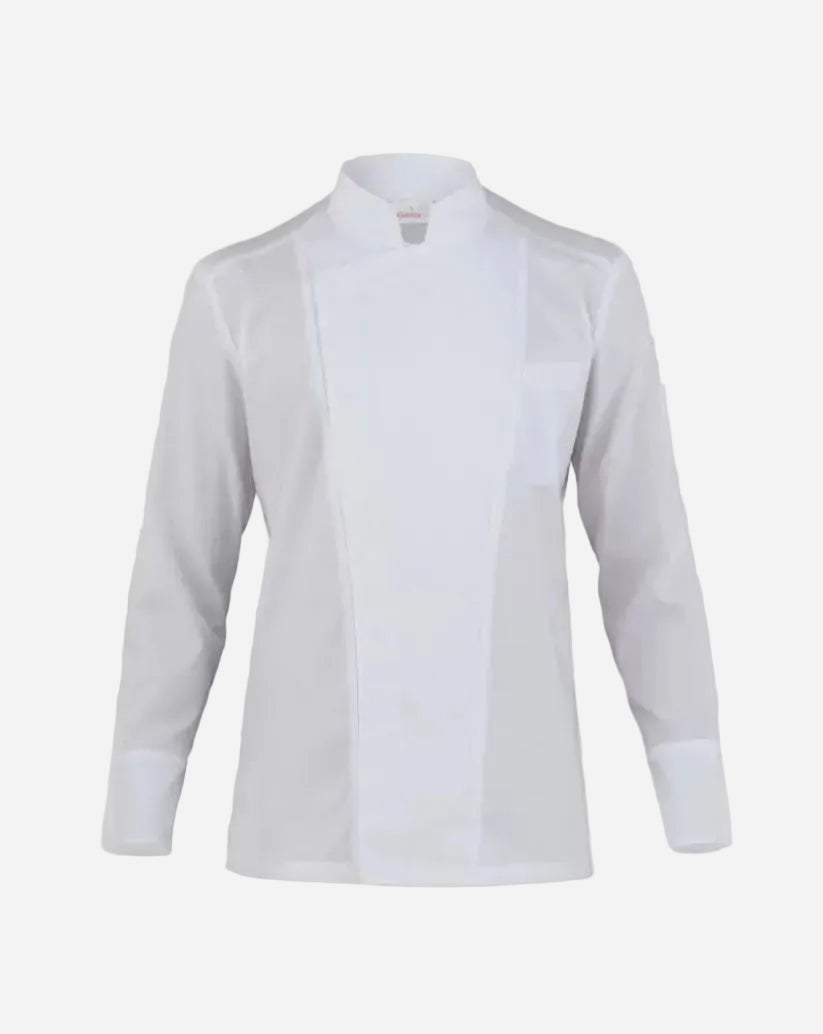 Giacca da chef uomo bianca in Tencel™ elasticizzato, collo alla coreana a squadra e abbottonatura doppio petto nascosta