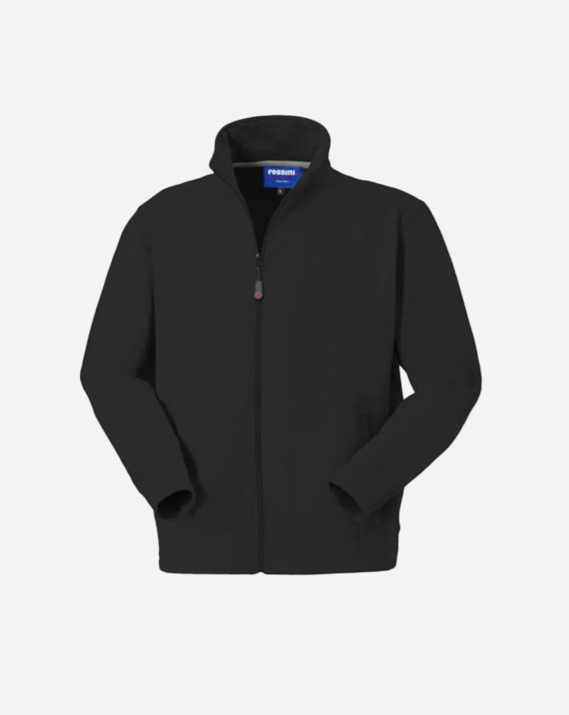 Felpa unisex con chiusura anteriore con zip collo alto, parasudore di colore a contrasto interno al collo, polsi e fascia girovita in maglia elastica, due tasche inferiori a filetto.