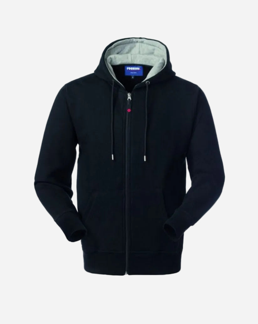 Felpa nera con cappuccio unisex con zip centrale 