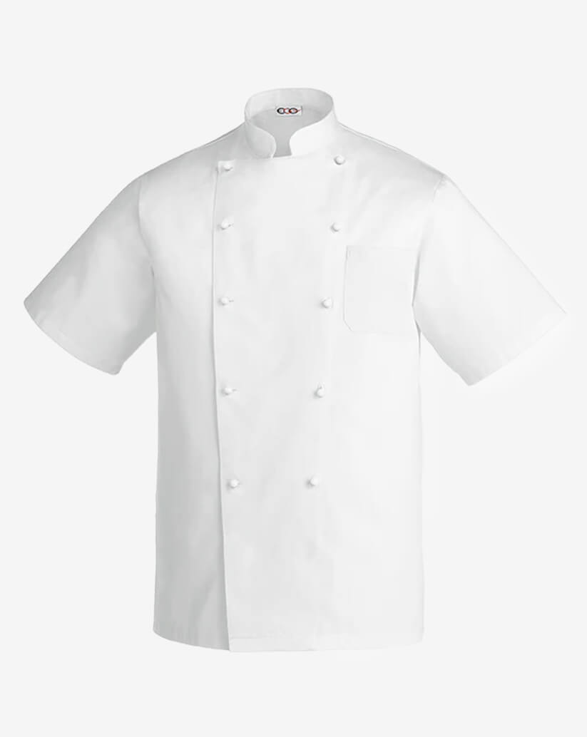 Giacca cuoco unisex bianca in cotone con chiusura doppiopetto a bottoni estraibili, collo alla coreana e maniche corte.