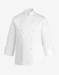 Giacca cuoco unisex bianca in cotone con chiusura doppiopetto a bottoni estraibili, collo alla coreana e maniche lunghe.