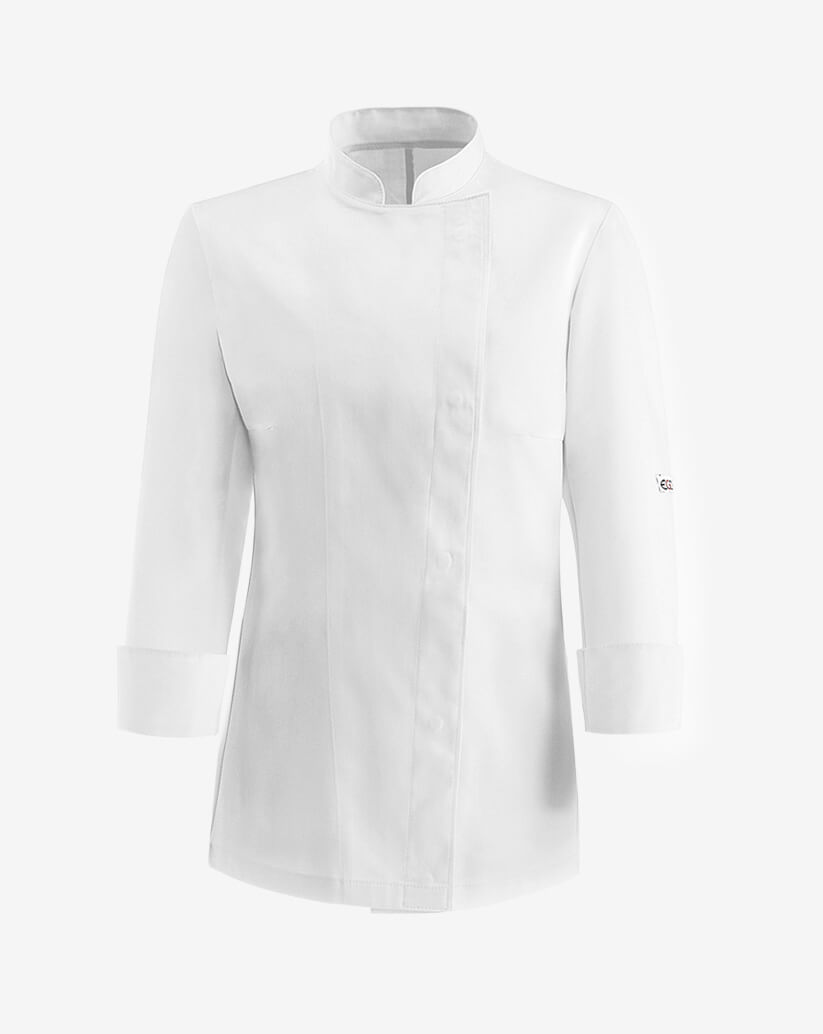 Giacca donna  bianca in microfibra con allacciatura laterale a bottoni a pressione, scollo alla coreana e maniche lunghe.