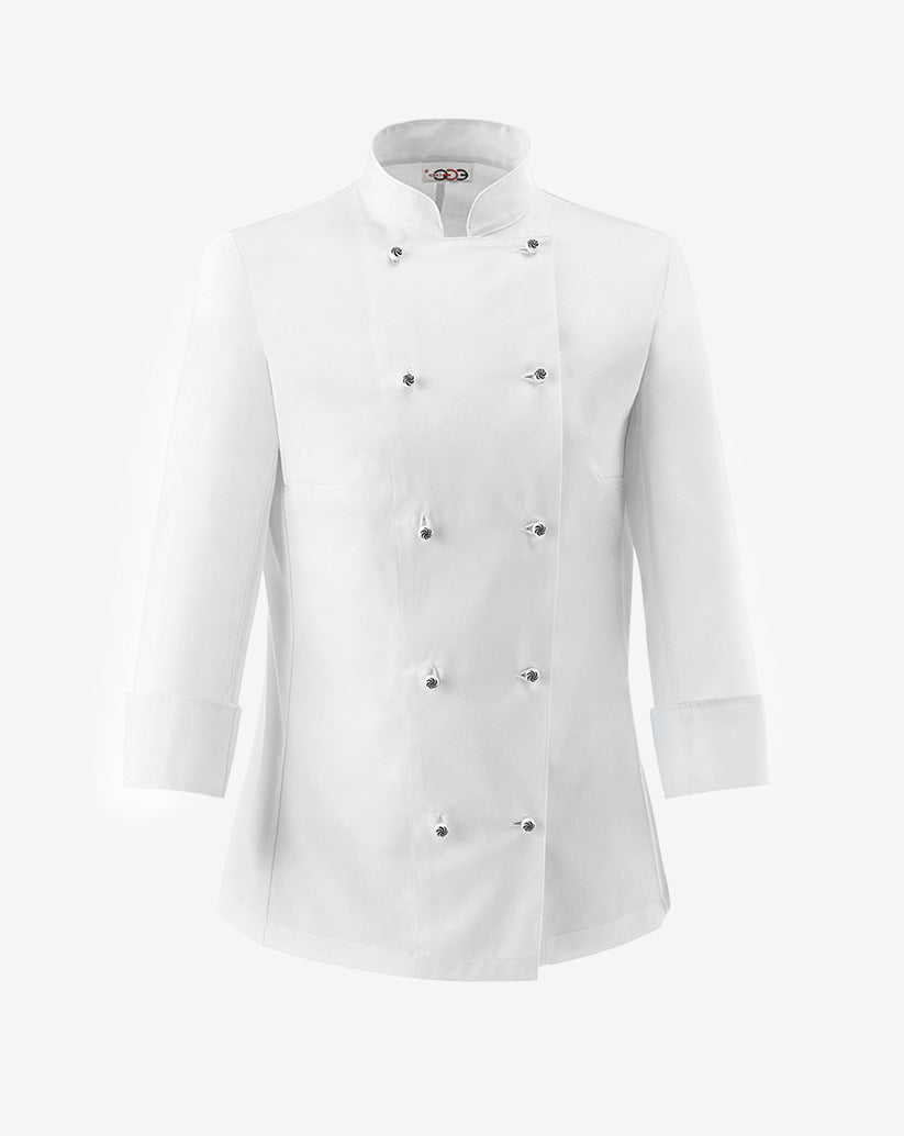 Giacca cuoco donna bianca in cotone con collo alla coreana, abbottonatura doppiopetto con bottoni a funghetto estraibili e linea slim fit.