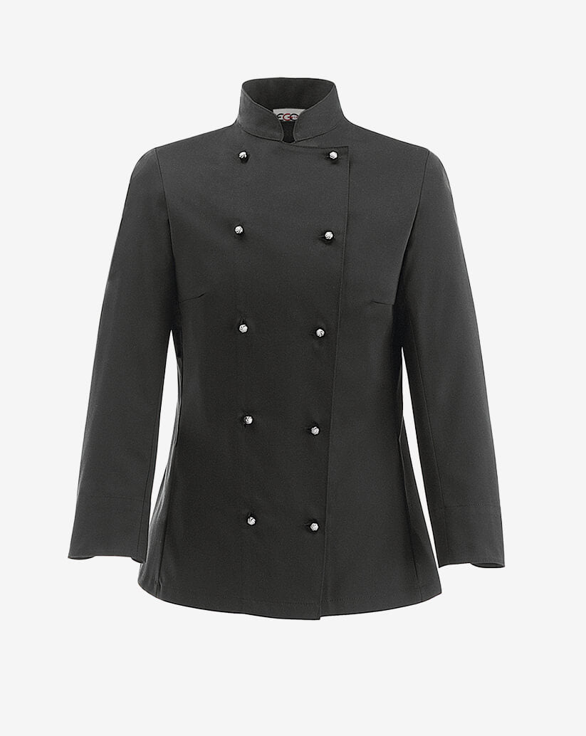 Giacca cuoco nera in cotone e poliestere con collo alla coreana, abbottonatura doppiopetto con bottoni a funghetto estraibili e linea slim fit.