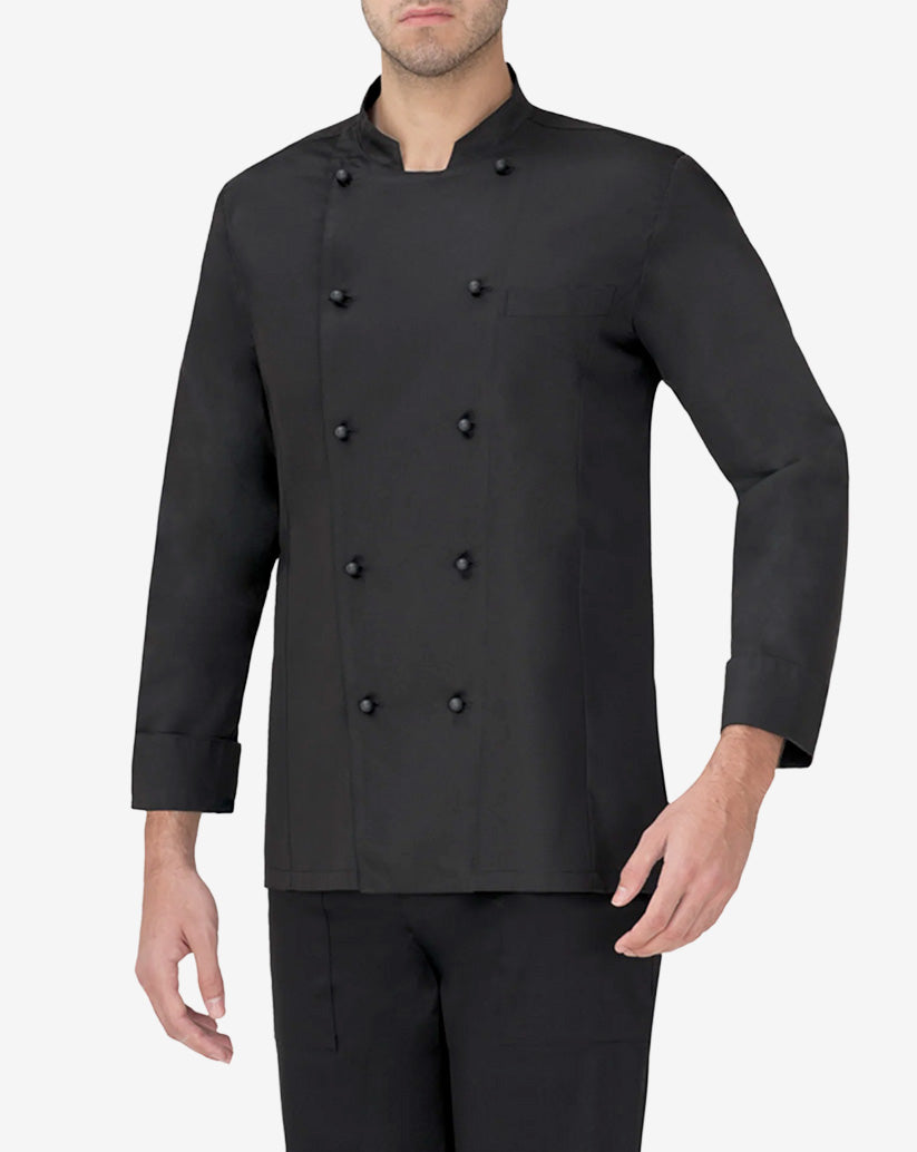 Giacca cuoco uomo nera  in Luxsatin con collo alla coreana, abbottonatura doppiopetto con bottoni a funghetto e vestibilità slim fit.