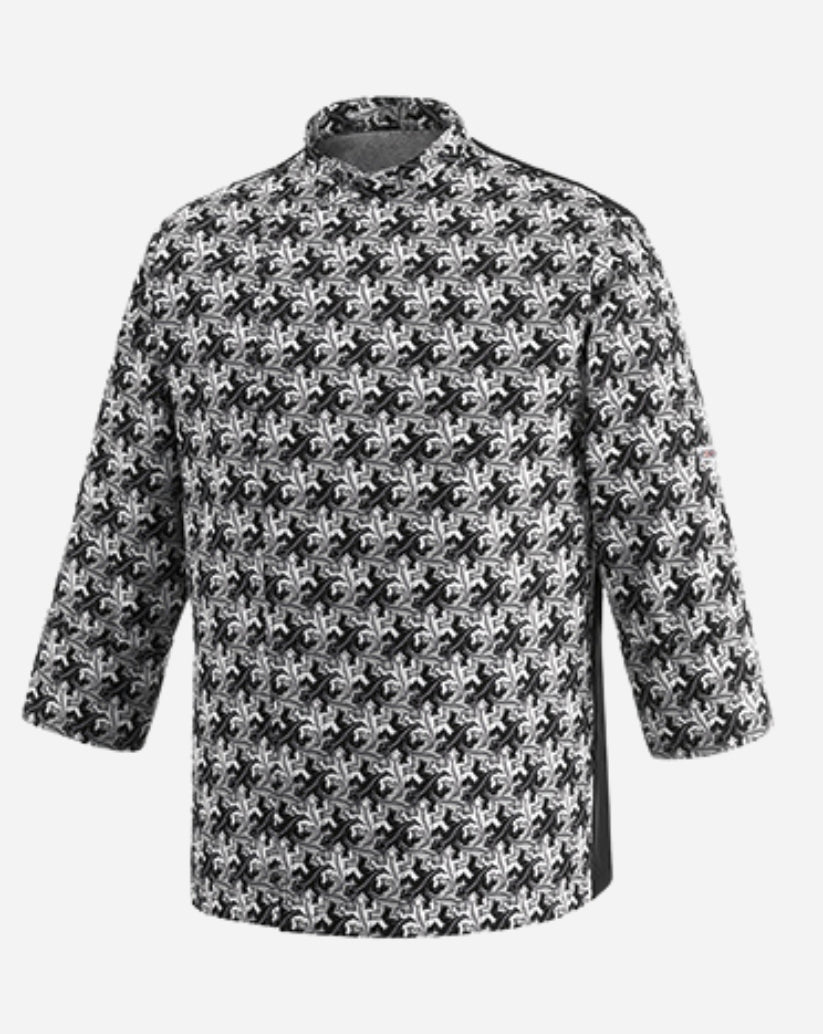 Giacca cuoco fantasia geco unisex con allacciatura laterale con bottoni a pressione , taglio regular fit , tessuto misto cotone e poliestere 
