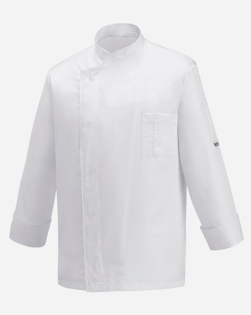 Giacca uomo  bianca in microfibra con allacciatura laterale a bottoni a pressione, scollo alla coreana e maniche lunghe.