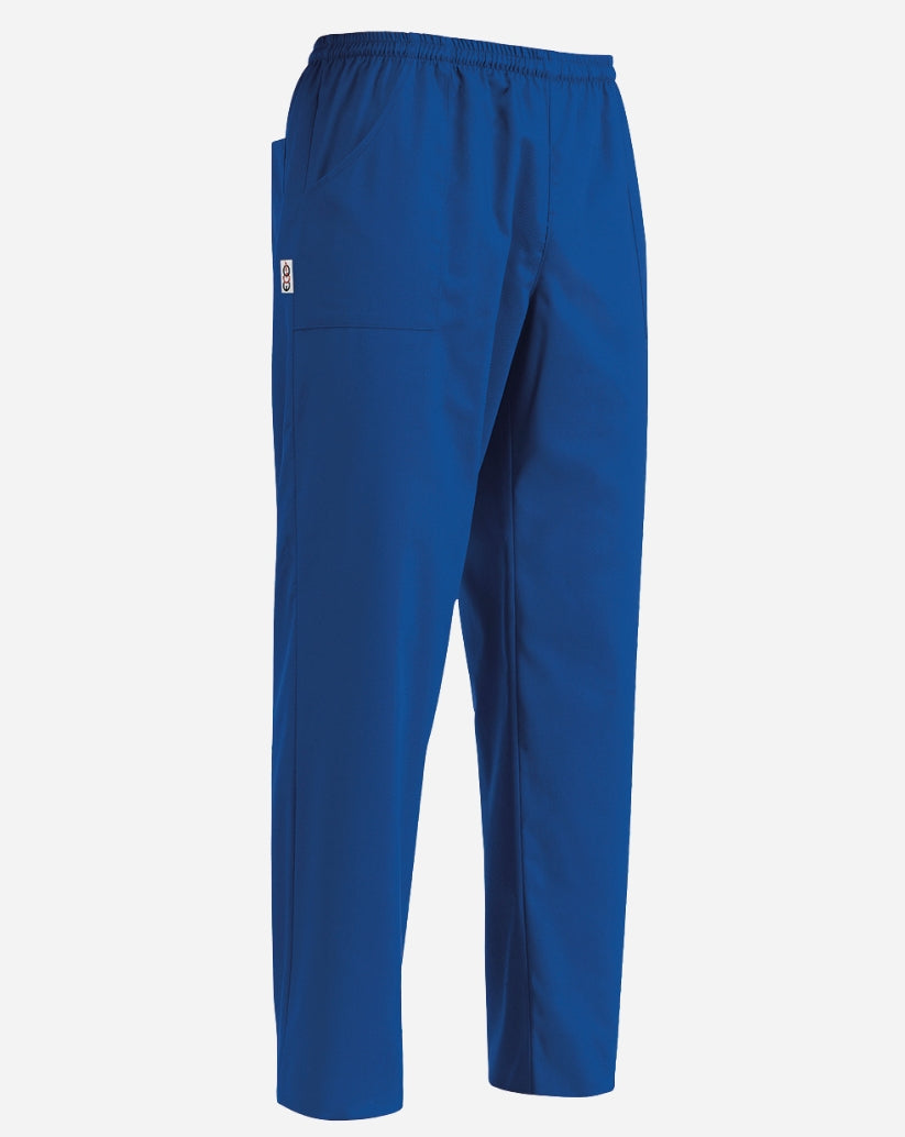 Pantalone unisex  bluette  in cotone e poliestere con tre tasche, elastico in vita e cordino interno.