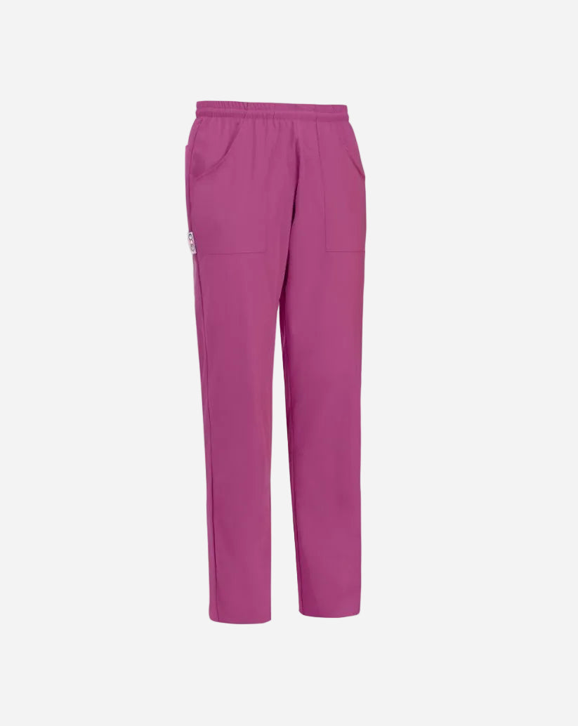 Pantalone unisex purple in confortevole tessuto sorona no stiro a antimacchia, con coulisse in vita e due tasche a toppa davanti una sul retro