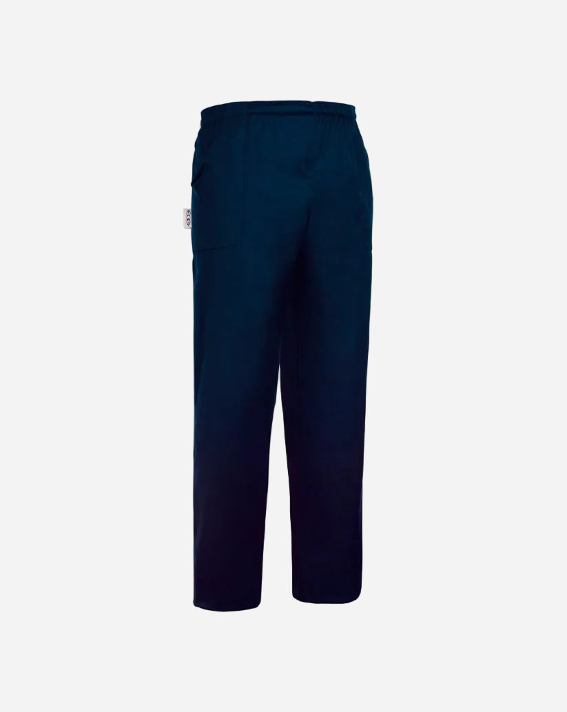 Pantalone unisex blu in confortevole tessuto sorona no stiro a antimacchia, con coulisse in vita e due tasche a toppa davanti una sul retro