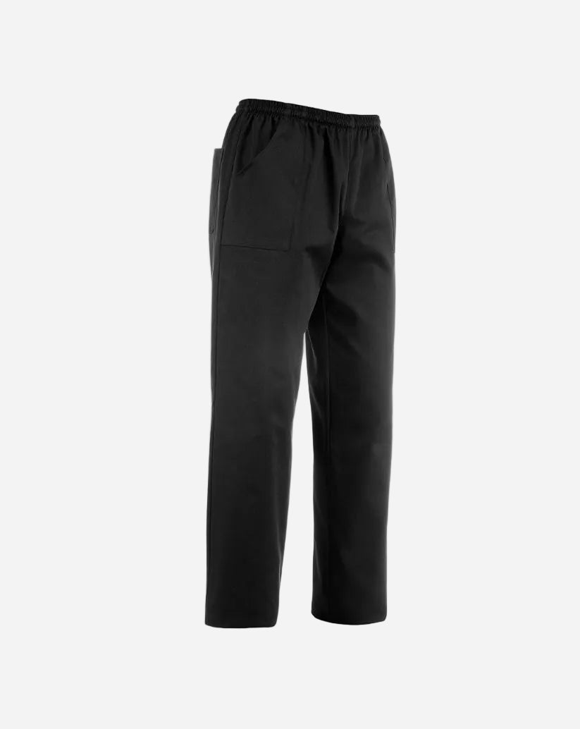 Pantalone unisex nero in confortevole tessuto sorona no stiro a antimacchia, con coulisse in vita e due tasche a toppa davanti una sul retro