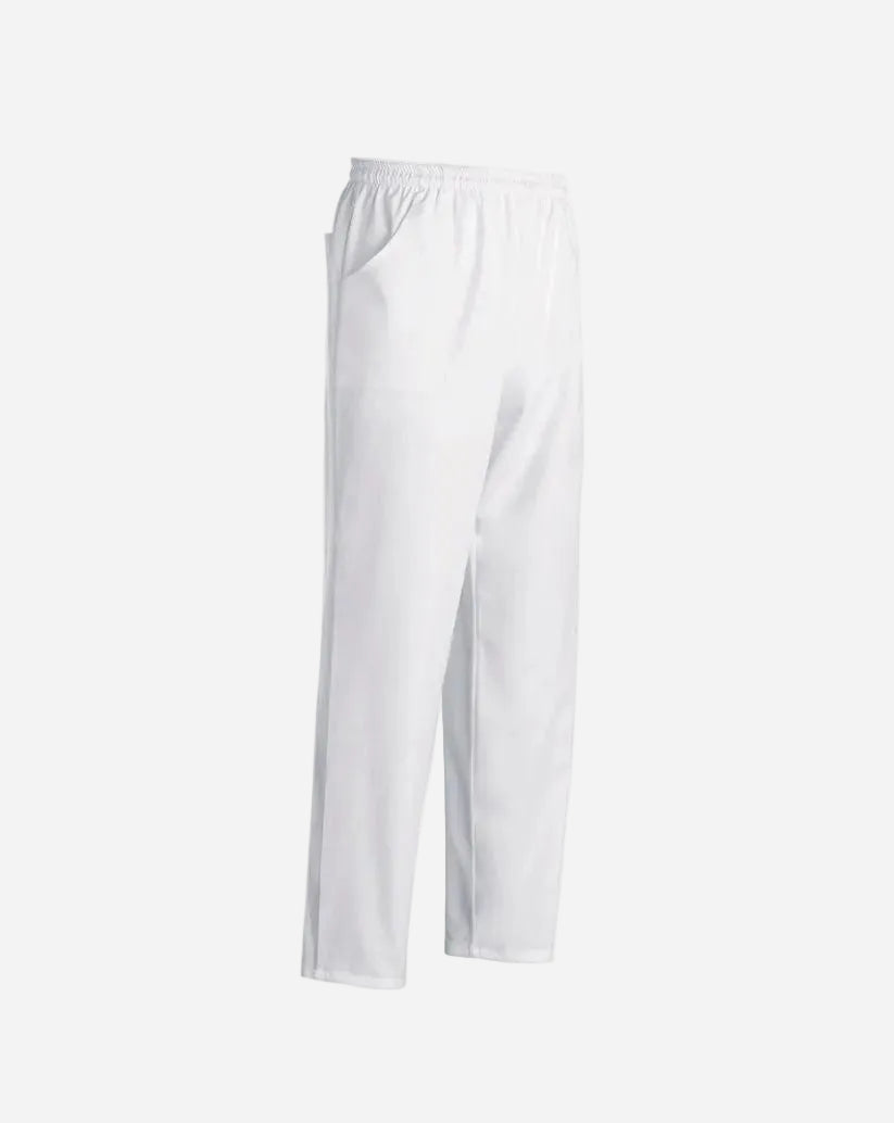 Pantalone unisex bianco in confortevole tessuto sorona no stiro a antimacchia, con coulisse in vita e due tasche a toppa davanti una sul retro