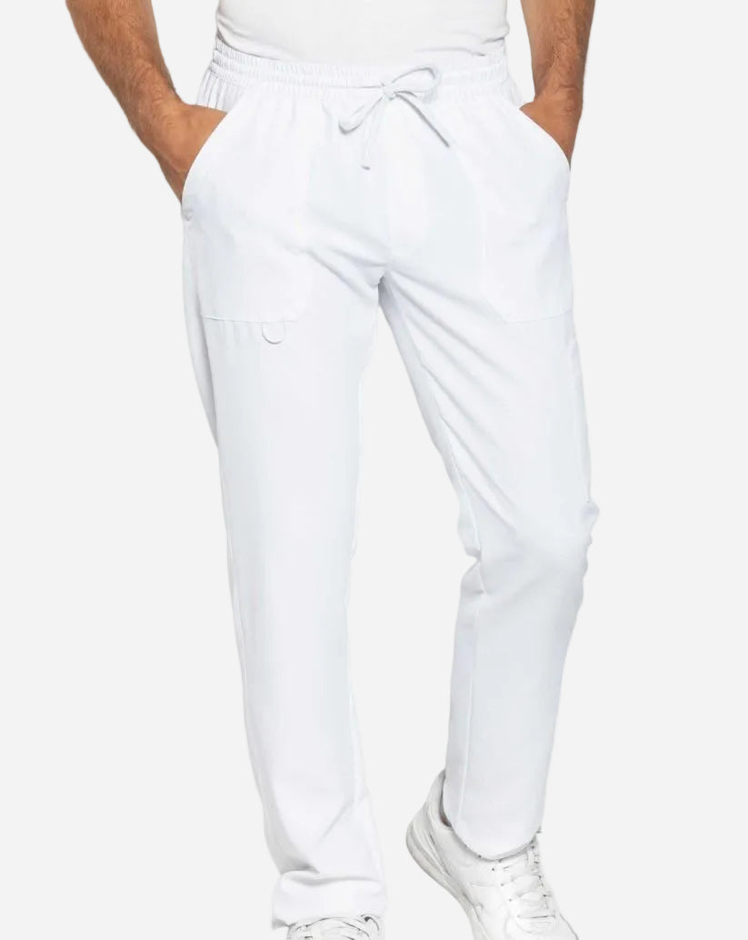 Pantalone unisex bianco in tessuto SilvAir con elastico in vita, lacci, tasche multiple e asola multifunzione.