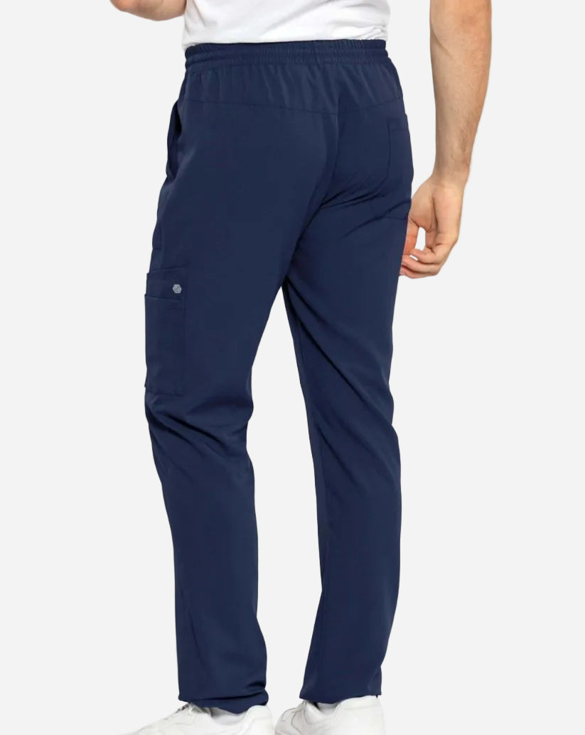 Pantalone unisex blu in tessuto SilvAir con elastico in vita, lacci, tasche multiple e asola multifunzione.