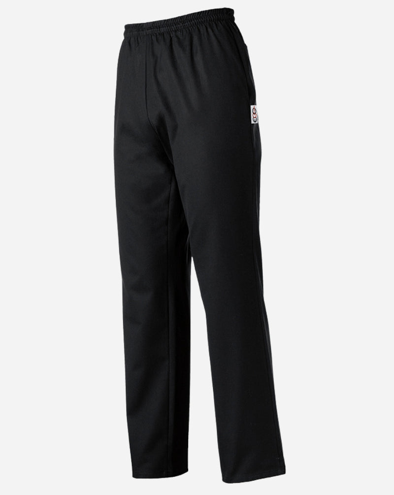 Pantalone unisex nero in misto cotone e poliestere con elastico in vita, tre tasche e cordino interno.