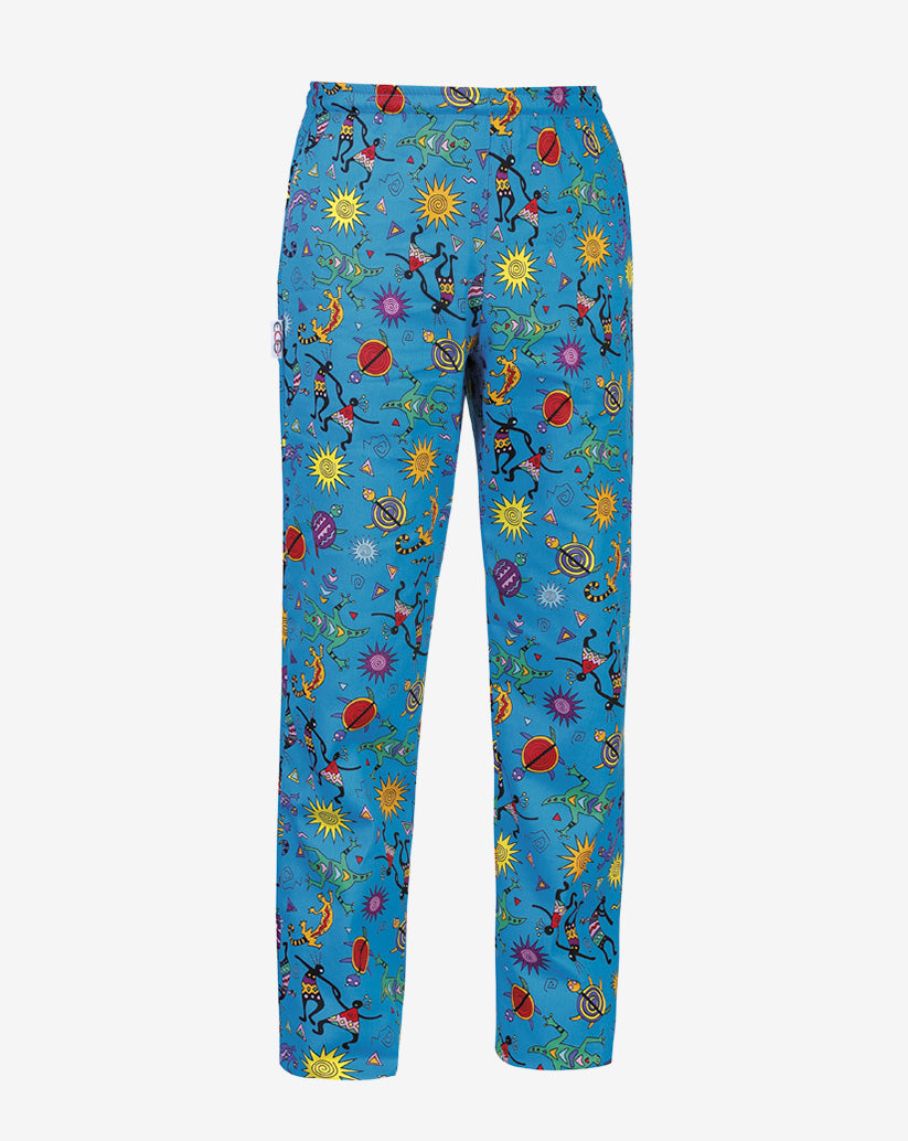 Pantalone unisex azzurro in misto cotone con fantasia multicolore a figure tribali, sole e animali, elastico in vita e linea regular.