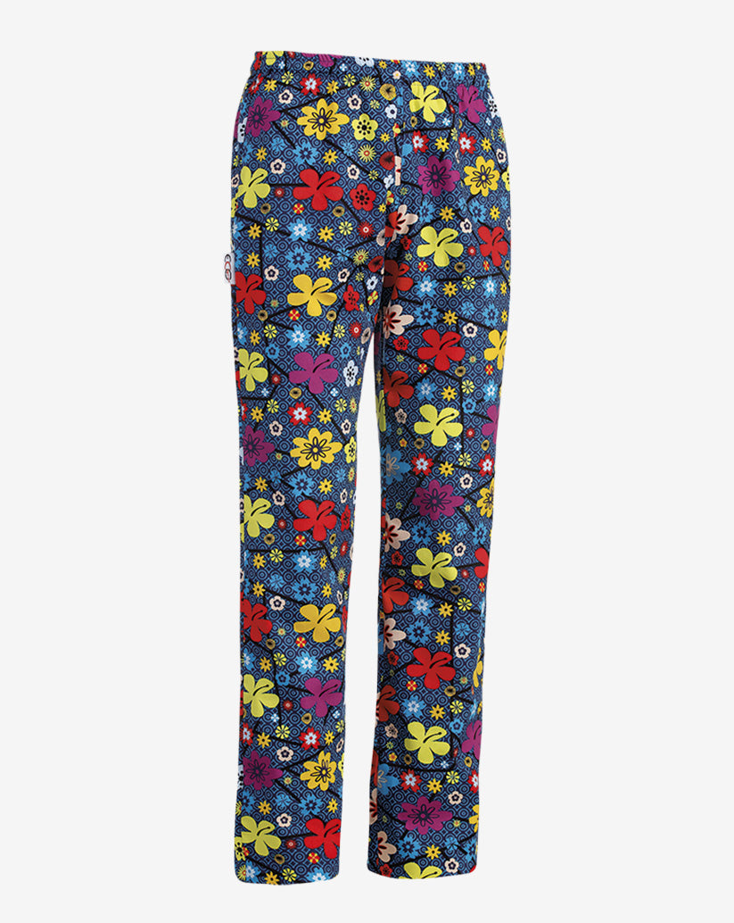 Pantalone unisex blu scuro in misto cotone con fantasia multicolore a fiori, elastico in vita e linea regular.