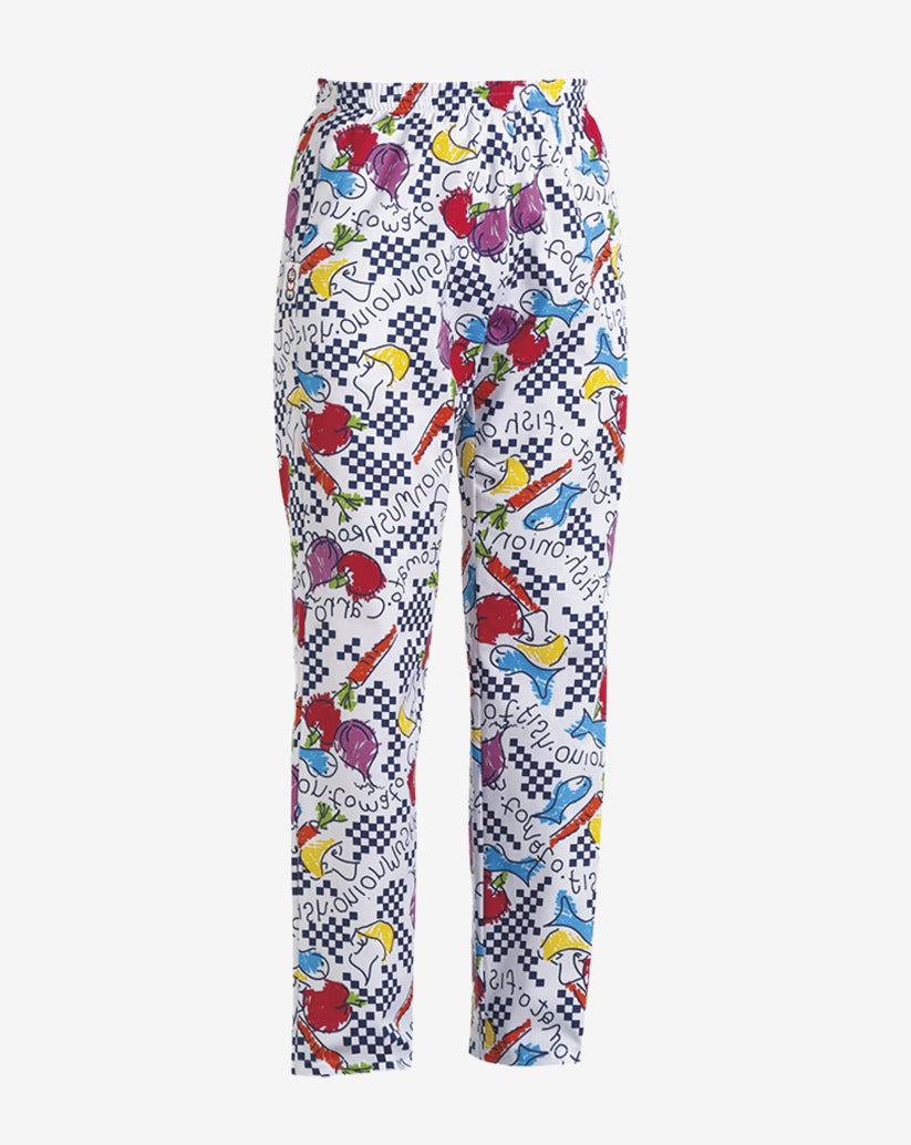 Pantalone unisex bianco in misto cotone con fantasia multicolore a tema alimentare e scacchi neri, elastico in vita e linea regular.