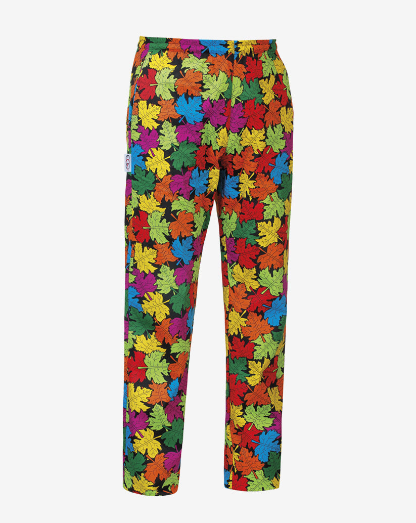 Pantalone unisex nero in misto cotone con fantasia multicolore a foglie di acero, elastico in vita e linea regular.