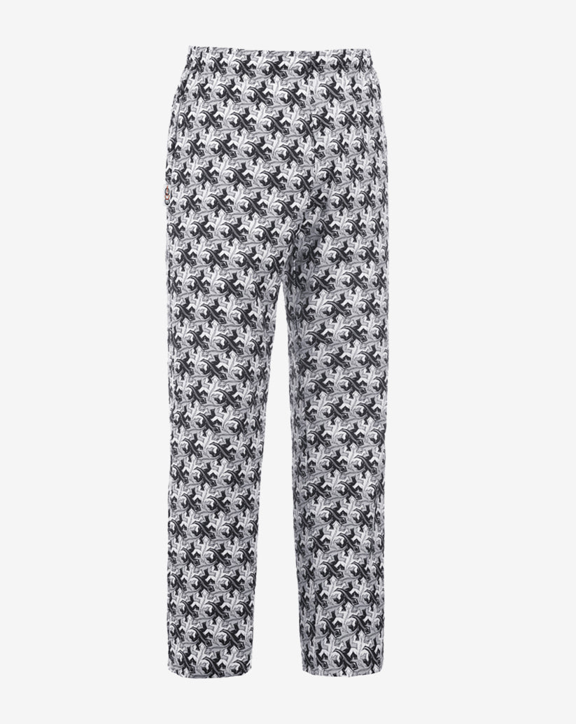 Pantalone unisex bianco in misto cotone con fantasia grafica geometrica nera, elastico in vita e linea regular.