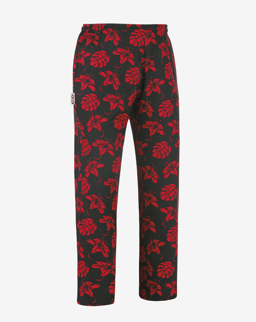 Pantalone unisex nero in misto cotone con fantasia floreale rossa, elastico in vita e linea regular.