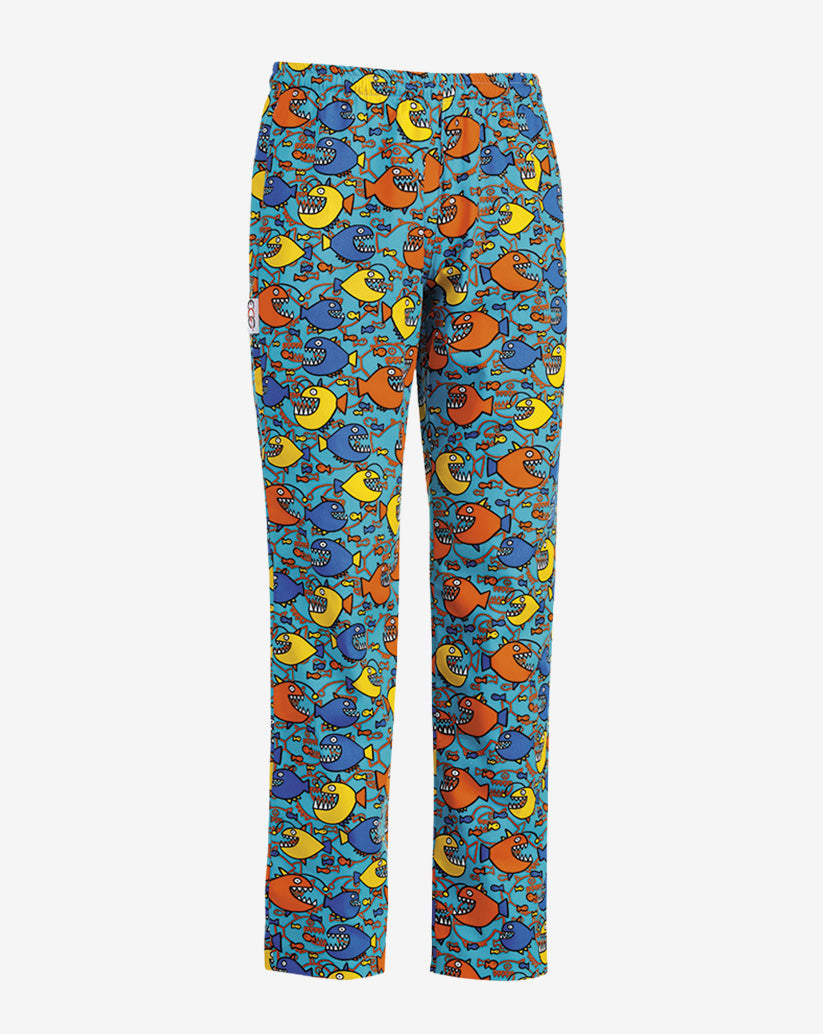 Pantalone unisex azzurro in misto cotone con fantasia multicolore a pesciolini e squali stilizzati, elastico in vita e linea regular.