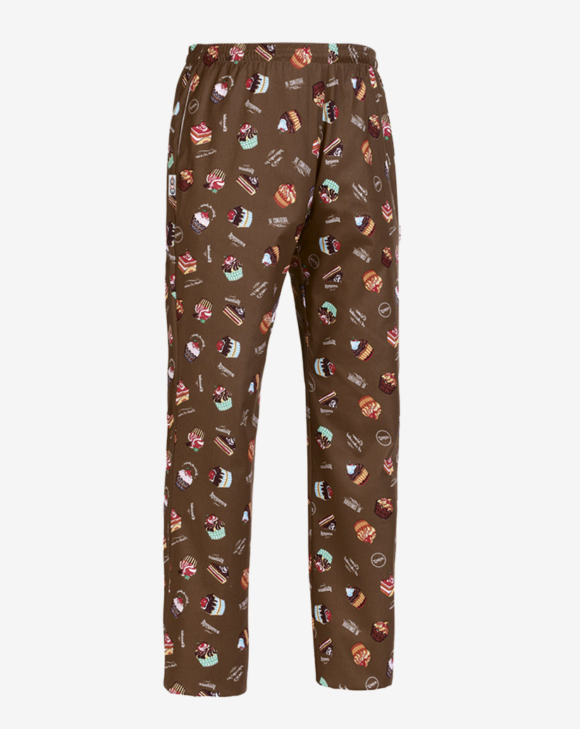 Pantalone unisex marrone in misto cotone con fantasia multicolore a tema pasticceria e cupcake, elastico in vita e linea regular.
