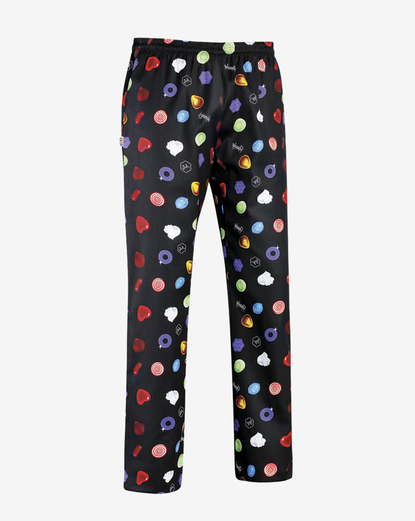 Pantalone unisex nero in misto cotone con fantasia multicolore a caramelle e dolciumi, elastico in vita e linea regular.