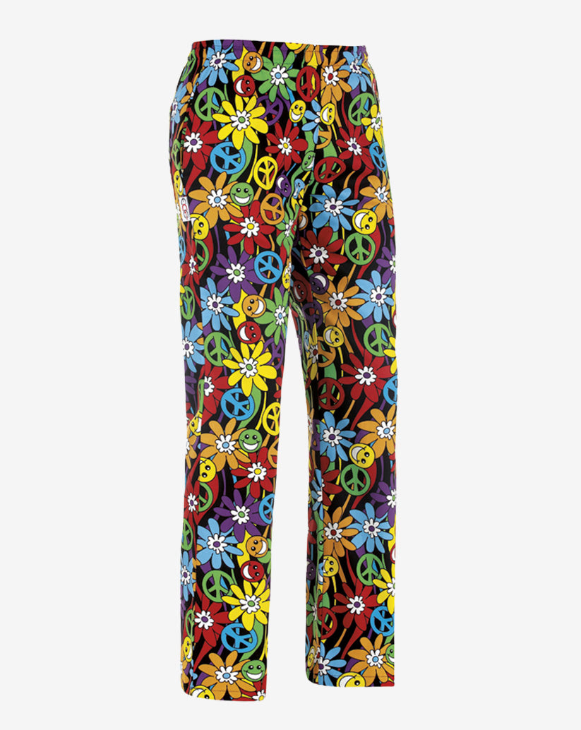 Pantalone unisex nero in misto cotone con fantasia multicolore a fiori, simboli della pace e smile, elastico in vita e linea regular
